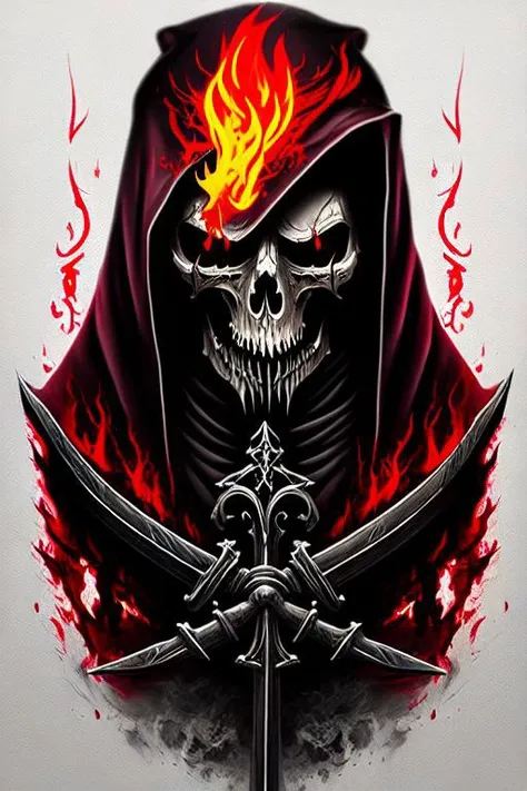 hooded grim reaper, Scythe, blood, flame, realistic, as a t-shirt logo in the style of <�MAGIFACTORY> art