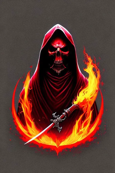 hooded grim reaper, Scythe, blood, flame, realistic, as a t-shirt logo in the style of <�MAGIFACTORY> art
