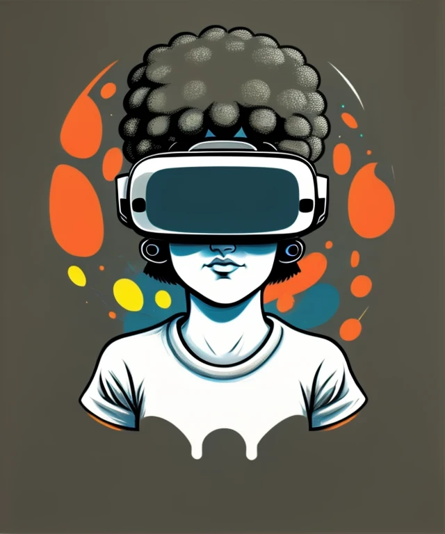 a gamer wearing VR googles, t-shirt logo in the style of <MAGIFACTORY> art, tapered fine outline, (first-person view) art on (empty background:1.4)Hands,