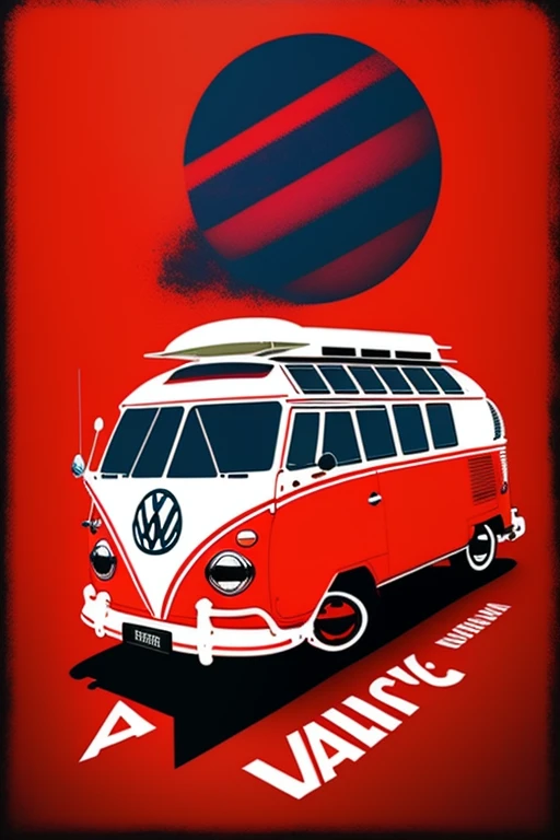 a vw bus t-shirt logo in the style of <MAGIFACTORY> art on (red background:1.5)