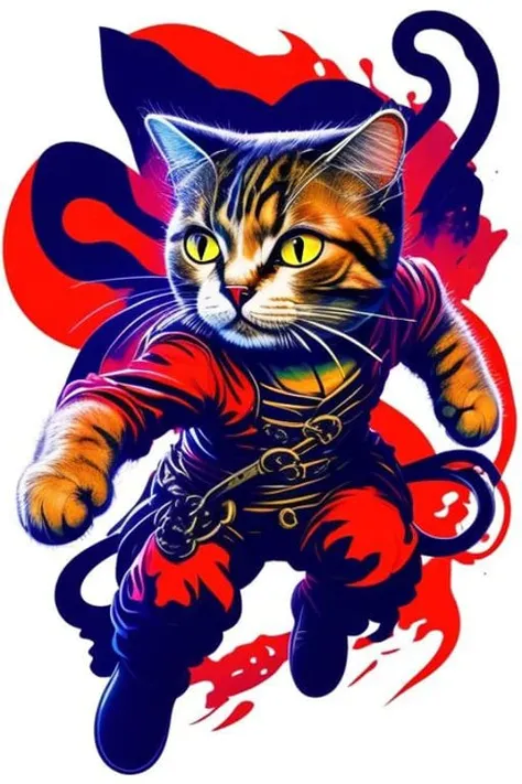 cat, as a ninja, white background, colorfull, tappered fine outline, as a t-shirt logo in the style of <magifactory> art