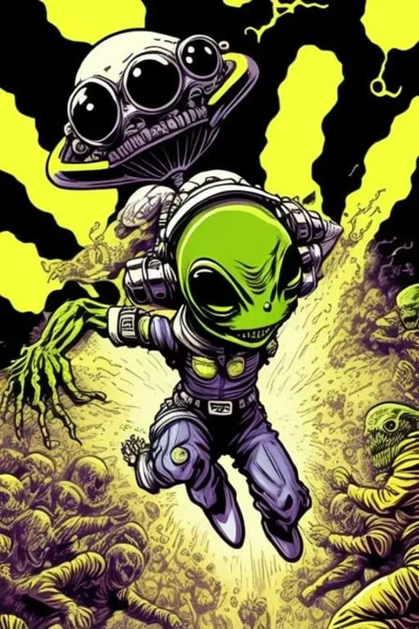 alien in action in front of zombies crowd chasing him, detailed, colorfull, as a t-shirt logo in the style of <magifactory> art