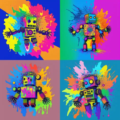 a robot surrounded by colorful rainbow paint splashes, as a t-shirt logo in the style of <magifactory> art