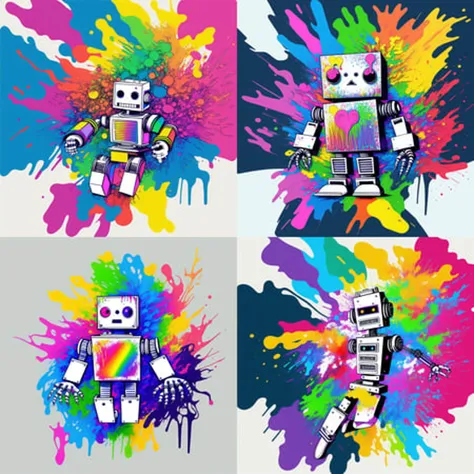 (white background:1.2), a robot surrounded by colorful rainbow paint splashes, as a t-shirt logo in the style of <magifactory> art