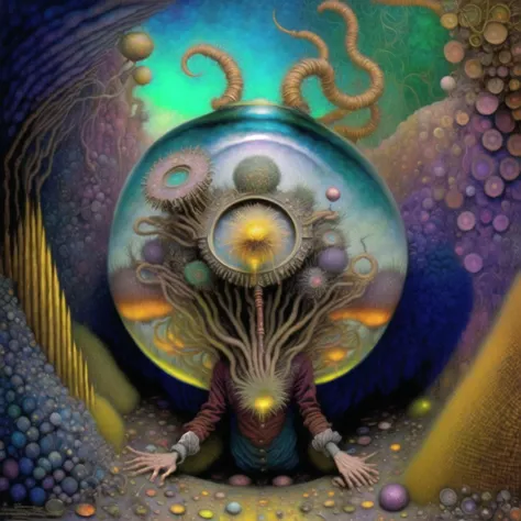 in the style of <magifactory> art dandelionwizard, Dan Witz, Dan Seagrave <lora:flowervirus_lora_2800steps:2>