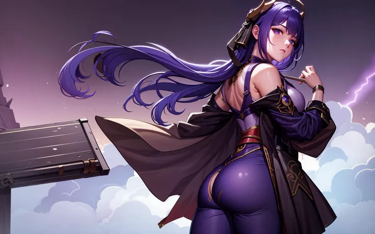 masterpiece, best quality, 1girl, shogunpuppet, solo, lightning, stormy sky, cowboy shot, pond, Electric, (purple orbs), large breasts, (expressionless:1.4), looking back, bulge to ass,