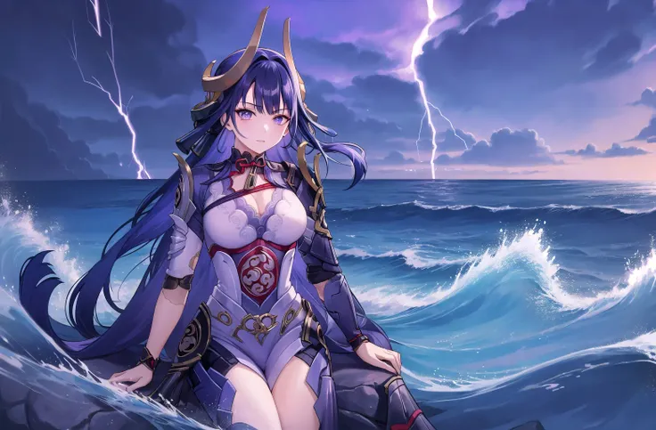 masterpiece, best quality, 1girl, shogunpuppet, solo, thunder, stormy sky, ELECTRICITY, purple waves, cowboy shot, sitting on rock