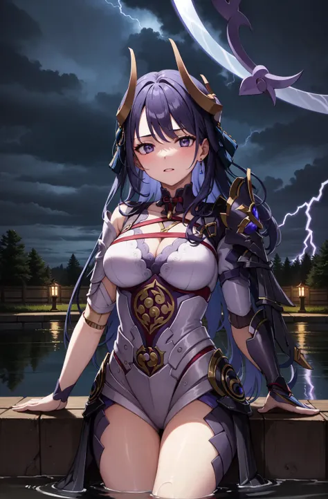 masterpiece, best quality, 1girl, shogunpuppet, solo, lightning , stormy sky, cowboy shot, sitting, legs in water, pond, Electric, (purple orbs)