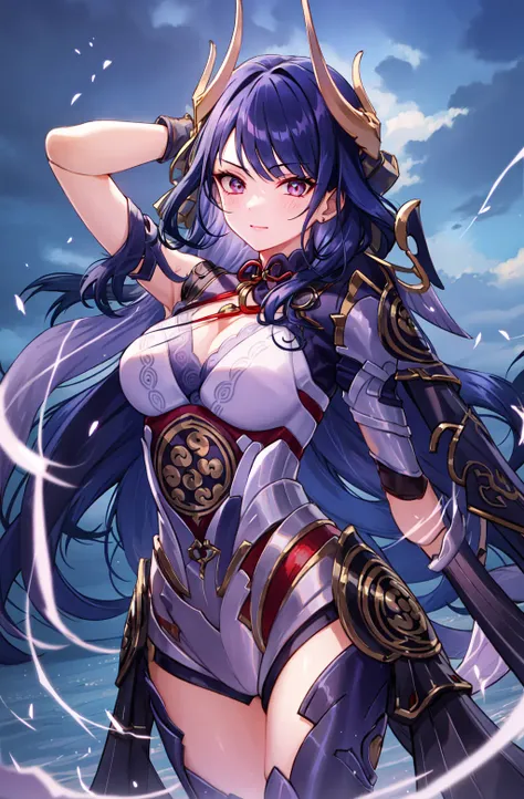 masterpiece, best quality, 1girl, shogunpuppet, solo, thunder, stormy sky, cowboy shot