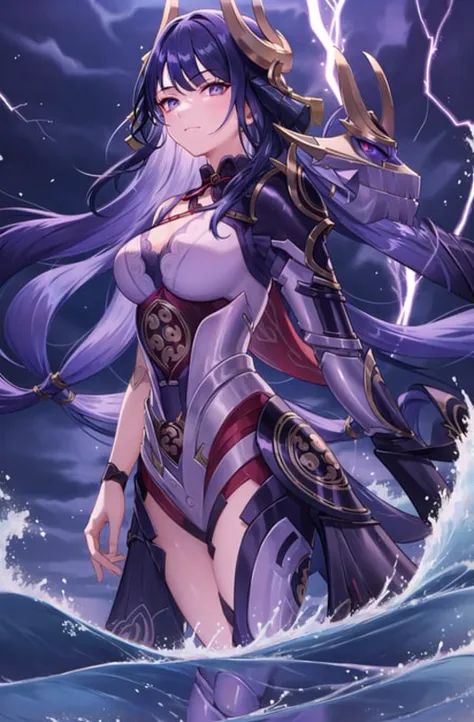 masterpiece, best quality, 1girl, shogunpuppet, solo, thunder, stormy sky, ELECTRICITY, purple waves, cowboy shot
