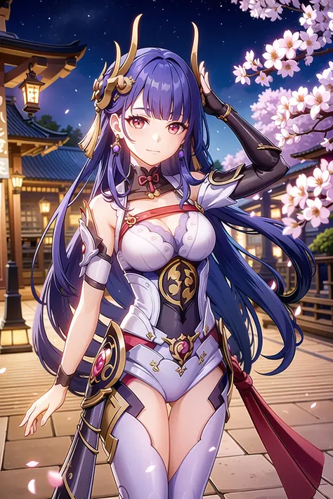 1girl, best quality, (photorealistic:1.2), (hair ornament:1.35), large breasts, torii, cherry blossoms, lantern light, depth of field, detailed face, face focus, (looking at viewer:1.25), shiny skin, game cg, east asian architecture, blurry background, night sky, torino aqua, attack pose, holding sword, sword, ((lightning )),samurai armor, shoulder armor