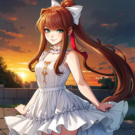 ((best quality)), ((highly detailed)), masterpiece, detailed face, beautiful face, , (1girl), cowboy shot, <lora:hairdetailer:1>, <lora:ddlc-10:1>, Monika, (green eyes), brown hair, bangs, very long hair, long hair, ponytail, sidelocks, hair bow, white bow, smile, white sundress, sunset, (outside, at an altar, midday, hurricane), <lora:kinkymation:.6>, kinkymation
