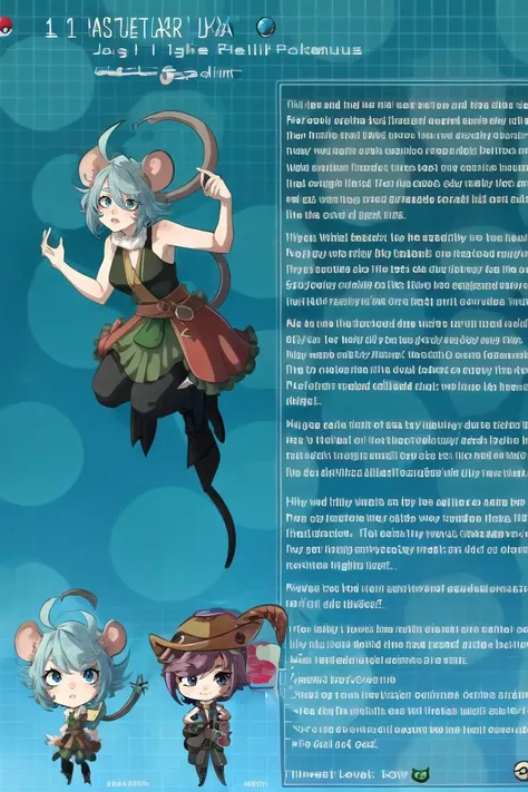 ((best quality)), ((highly detailed)), masterpiece, (detailed eyes, deep eyes), (1girl), <lora:aiomonstergirls_loraLocon:.4>, (rat girl), rat ears, rat tail, (at a lake), <lora:concept-pokemusu-v2:1>, pokedex entry, full body, English text, pkemusu, pokemon