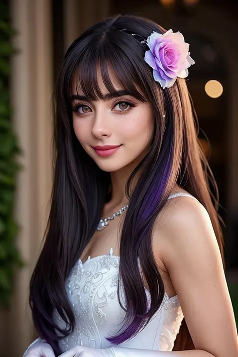 beautiful woman (JGtrukait:.99),1girl, bare shoulders, blush, dress, elbow gloves, fascinator, female focus, flower, gloves, hair ornament, highres, jewelry, long hair, looking at viewer, matching hair/eyes, mole, mole under mouth, parted lips, purple eyes, purple hair, queen, rose, smile, solo, very long hair, white gloves,(( Sony a9 II Mirrorless Camera:1.1)), 160mm f/8, 1/10s, ISO 25, ((modelshoot)), (film grain:1.1), mood lighting, ((detailed eyes)), (HDR), dynamic colours,