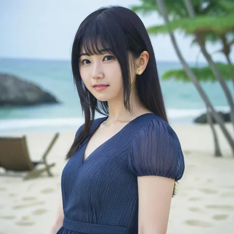 a photo of a sora amamiya, ohwx woman, wearing a dress, on the beach, best quality, fine details <lora:soraamamiya_SDXL:0.8>