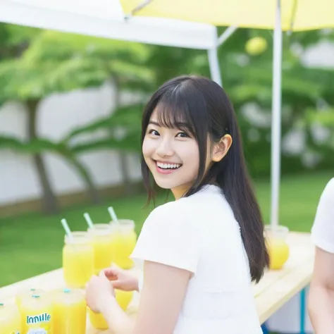 a photo of a sora amamiya, ohwx woman, smile, at a lemonade stand, best quality, fine details <lora:soraamamiya_SDXL:0.8>