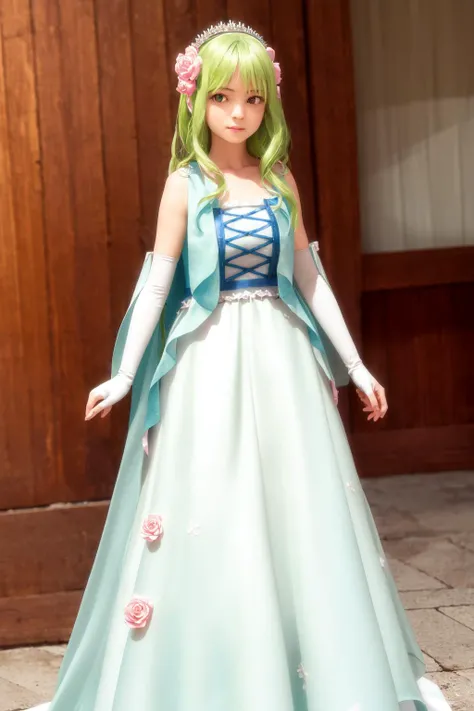 masterpiece, best quality, highres, 1girl dryas green hair pink hair flower tiara, white and blue dress sleeveless dress white elbow gloves white frills <lora:dryas:1> standing, looking at viewer, (photorealistic:1.4)