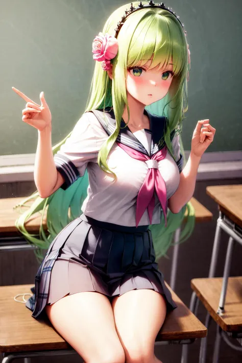 masterpiece, best quality, highres, 1girl dryas green hair pink hair flower tiara, serafuku, pleated skirt, school uniform <lora:dryas:1> sitting on chair, classroom