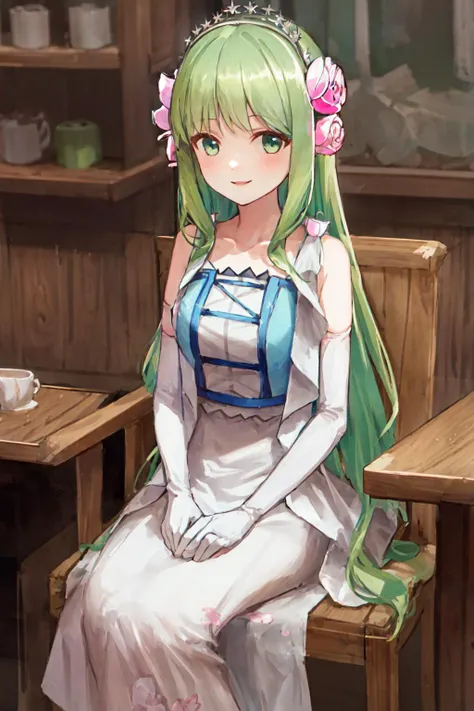 masterpiece, best quality, highres, 1girl dryas green hair pink hair flower tiara, white and blue dress sleeveless dress white elbow gloves white frills <lora:dryas:1> sitting on chair, smile, looking at viewer