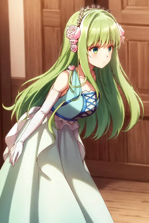 masterpiece, best quality, highres, 1girl dryas green hair pink hair flower tiara, white and blue dress sleeveless dress white elbow gloves white frills <lora:dryas:1> standing, leaning forward