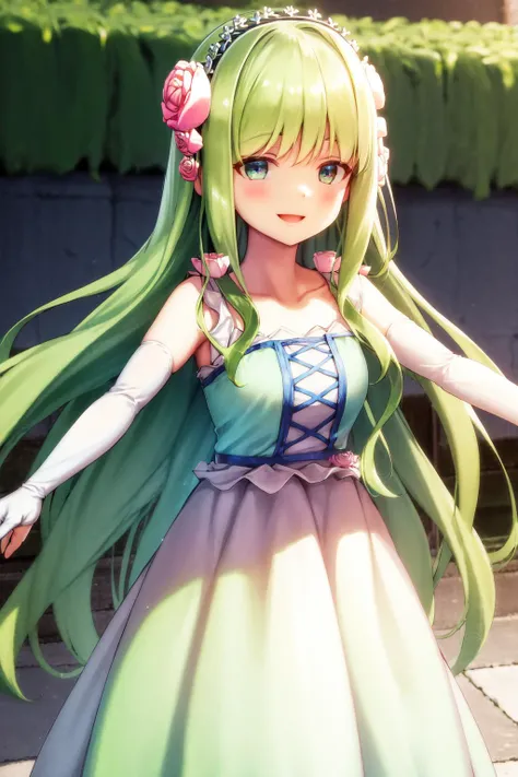 masterpiece, best quality, highres, 1girl dryas green hair pink hair flower tiara, white and blue dress sleeveless dress white elbow gloves white frills <lora:dryas:1> standing, outdoors, outstretched arms, reaching out, smile
