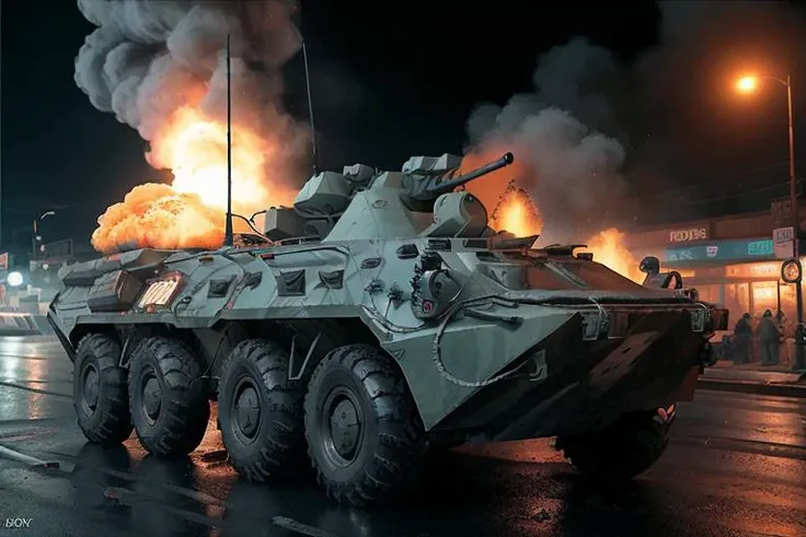 analog gloomy photo of a black eight wheeler (BTR-80, <lora:btr80:1>), from behind, racing down a neon city avenue at night,  shooting, buildings on fire, outrun, explosions in the background, High Detail, Sharp focus, ((photorealism)), realistic, best quality, 8k, award winning, dramatic lighting, epic, cinematic, masterpiece, dutch angle, ambient fog:1.5, volumetric lights,