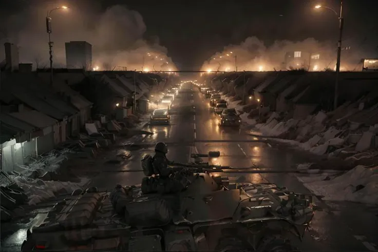 analog gloomy photo of a black (BTR-80, <lora:btr80:1>), racing down a neon city avenue at night, buildings on fire, outrun, explosions in the background, High Detail, Sharp focus, ((photorealism)), realistic, best quality, 8k, award winning, dramatic lighting, epic, cinematic, masterpiece, dutch angle, ambient fog:1.4, volumetric lights,