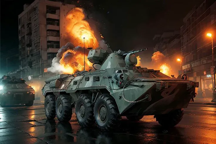 analog gloomy photo of a black eight wheeler (BTR-80, <lora:btr80:1>), from behind, racing down a neon city avenue at night,  shooting, buildings on fire, outrun, explosions in the background, High Detail, Sharp focus, ((photorealism)), realistic, best quality, 8k, award winning, dramatic lighting, epic, cinematic, masterpiece, dutch angle, ambient fog:1.5, volumetric lights,