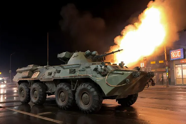 analog gloomy photo of a black eight wheeler (BTR-80, <lora:btr80:1>), racing down a neon city avenue at night, shooting, buildings on fire, outrun, explosions in the background, High Detail, Sharp focus, ((photorealism)), realistic, best quality, 8k, award winning, dramatic lighting, epic, cinematic, masterpiece, dutch angle, ambient fog:1.4, volumetric lights,