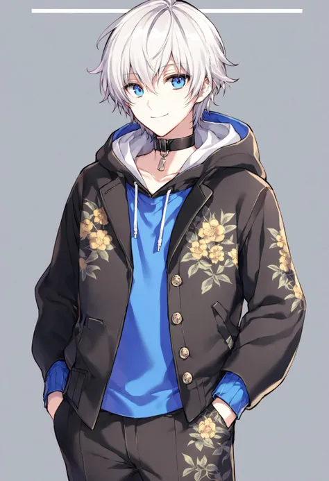 masterpiece,best quality,solo, 1boy, white hair, hood, male focus, grey background, shirt, outline, jacket, choker, hood up, blue eyes, white outline, simple background, hand in pocket, long sleeves, cowboy shot, blue shirt, short hair, closed mouth, hair between eyes, floral print, hooded jacket, looking at viewer, white shirt, smile, black jacket, pants, vest 
 <lora:nardackXLlokr8f-000183:0.95>