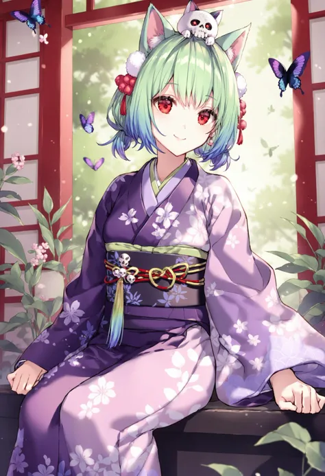 masterpiece,best quality,1girl, virtual youtuber, kimono, uruha rushia, japanese clothes, hair ornament, solo, animal ears, cat ears, red eyes, smile, sitting, green hair, multicolored hair, sash, flower, outdoors, architecture, animal on head, east asian architecture, blue hair, looking at viewer, pom pom \(clothes\), obi, on head, skull hair ornament, twintails, gradient hair, floral print, closed mouth, animal ear fluff, short twintails, ahoge, pom pom hair ornament, low twintails, bird, day, official alternate costume, bell, butterfly, medium hair, print kimono, long sleeves, earrings, jewelry, hair flower, colored tips, short hair, butterfly print, animal print, wide sleeves, bug, purple kimono 
 <lora:nardackXLlokr8f-000183:0.95>