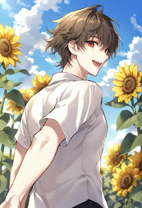 masterpiece,best quality,sunflower, flower, solo, 1boy, male focus, sky, blue sky, smile, outdoors, cloud, day, looking at viewer, short hair, shirt, white shirt, open mouth, upper body, black hair, short sleeves, yellow flower, looking back, from behind, red eyes, brown hair 
 <lora:nardackXLlokr8f-000183:0.95>