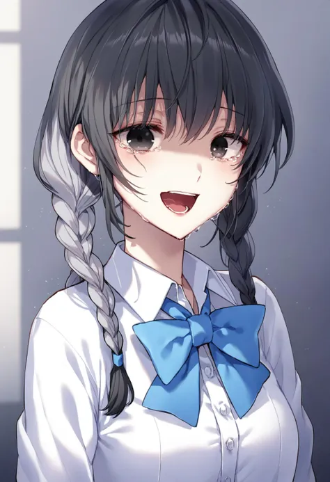 masterpiece,best quality,1girl, solo, shirt, collared shirt, bow, braid, blue bowtie, bowtie, open mouth, blue bow, black eyes, long hair, white shirt, smile, crying, portrait, tears, grey hair, crying with eyes open, black hair, looking at viewer, empty eyes, twin braids 
 <lora:nardackXLlokr8f-000183:0.95>