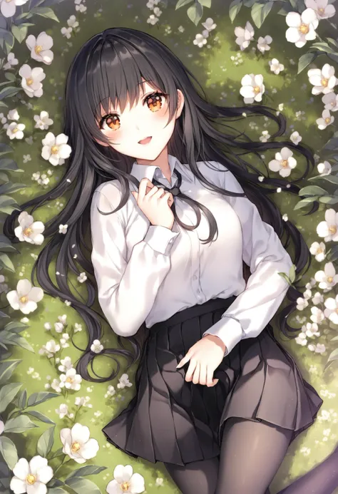 masterpiece,best quality,1girl, solo, long hair, skirt, shirt, black hair, white shirt, long sleeves, flower, black skirt, blush, lying, smile, white flower, looking at viewer, pantyhose, orange eyes, open mouth, pleated skirt 
 <lora:nardackXLlokr8f-000183:0.95>