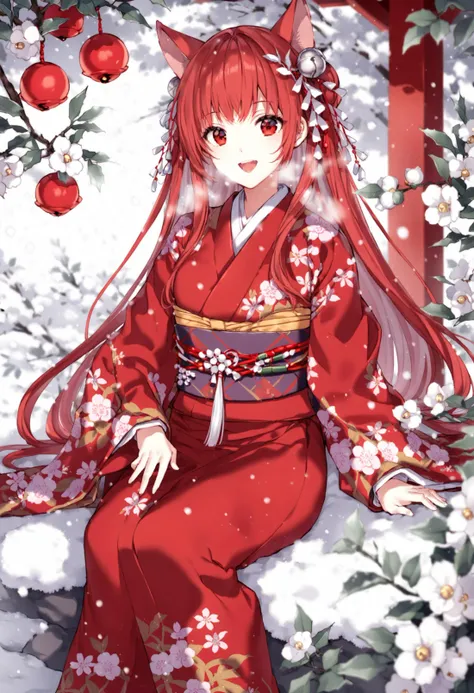 masterpiece,best quality,1girl, solo, japanese clothes, kimono, red kimono, red eyes, hair ornament, red hair, long hair, flower, looking at viewer, bell, smile, open mouth, sitting, snow, white flower, socks, animal ears, branch, teeth, hair bell, sash, very long hair, obi, long sleeves, :d, breath, floral print 
 <lora:nardackXLlokr8f-000183:0.95>