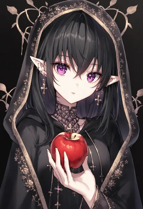 masterpiece,best quality,food, fruit, apple, holding fruit, 1girl, holding, long hair, holding food, black hair, cross, hair between eyes, jewelry, black dress, dress, hood, black background, closed mouth, looking at viewer, crossed bangs, earrings, pink eyes, solo, pointy ears, purple eyes 
 <lora:nardackXLlokr8f-000183:0.95>