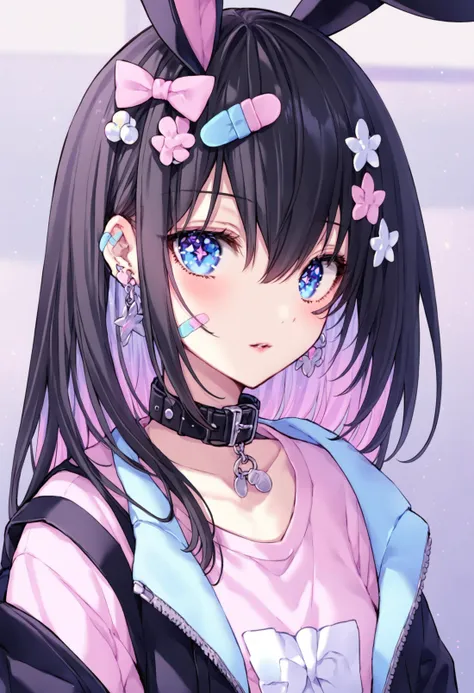 masterpiece,best quality,1girl, hair ornament, solo, blue eyes, collar, food-themed hair ornament, jewelry, bandaid, looking at viewer, earrings, black hair, blush, long hair, rabbit hair ornament, jacket, multicolored hair, pink shirt, hair between eyes, shirt, bandaid on face, hairclip, portrait, symbol-shaped pupils, bow, star \(symbol\), parted lips 
 <lora:nardackXLlokr8f-000183:0.95>