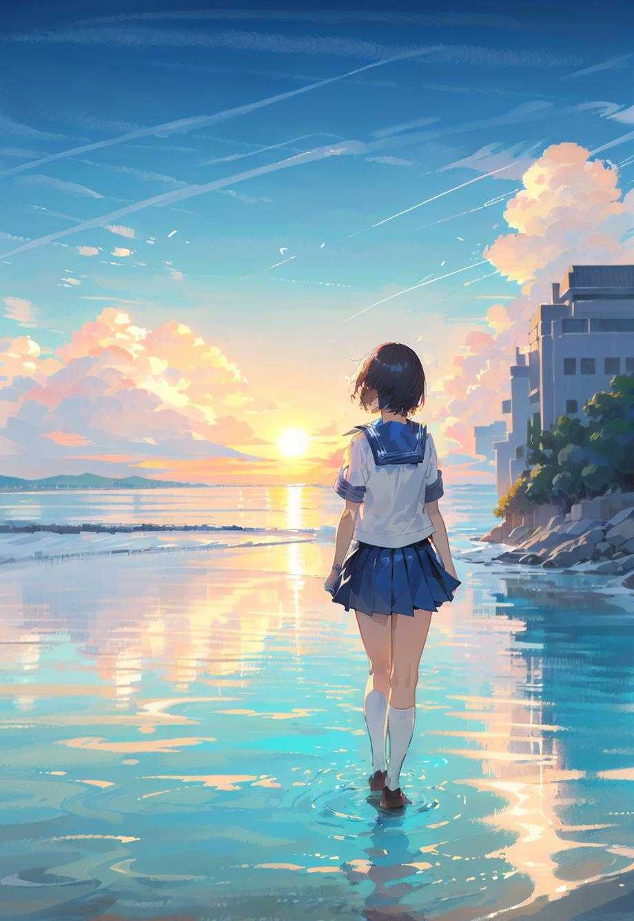 Anime girl walking on the beach at sunset - SeaArt AI