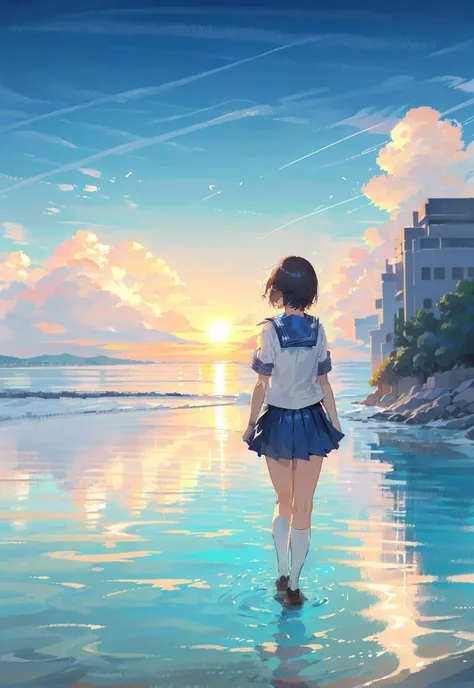 1girl, solo, cloud, sunset, sky, reflection, skirt, shirt, white shirt, outdoors, sun, short hair, short sleeves, black hair, scenery, standing, horizon, cloudy sky, wide shot, from behind, sailor collar, serafuku, school uniform, ocean, waterï¼ (illustration:1.0), masterpiece, best quality,  <lora:Speedpainta:0.7>