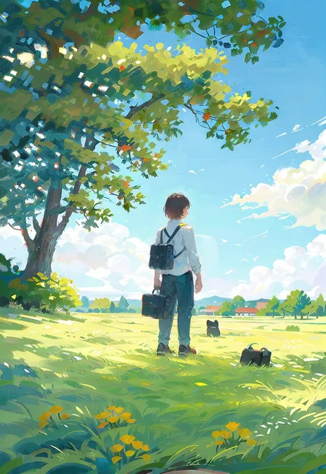 solo, flower, 1boy, outdoors, yellow flower, grass, standing, hat, briefcase, holding, male focus, wide shot, from behind, field, black footwear,ï¼ (illustration:1.0), masterpiece, best quality, <lora:Speedpainta:0.7>