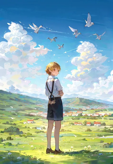1boy, outdoors, shorts, male focus, shirt, flower, blonde hair, field, bird, solo, socks, sky, suspenders, holding flower, holding, smile, grass, cloud, flock, day, white bird, white flower, aged down, suspender shorts, flower field, blue sky, full body, dove, brown footwear, arms behind back, standing, child, collared shirt, ^_^, :d, ï¼ (illustration:1.0), masterpiece, best quality, <lora:Speedpainta:0.7>