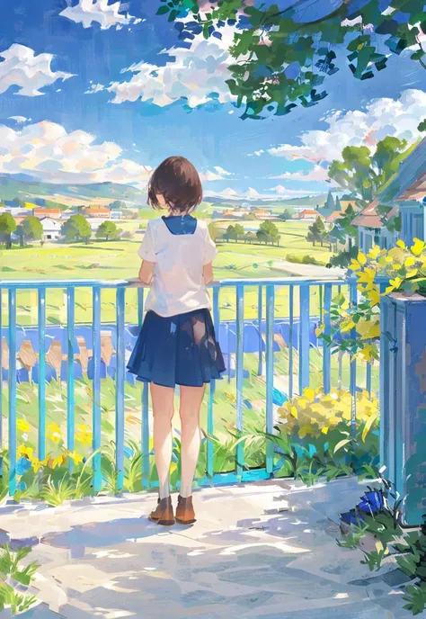 1 girl, outdoors, alone, skirt, tree, brown shoes, clouds, sky,, brown hair, landscape, railing, standing, from behind, meadow, shadow, sky, shoes, sun dappled, sunlight, scenery, (illustration:1.0), masterpiece, best quality, <lora:Speedpainta:0.76>