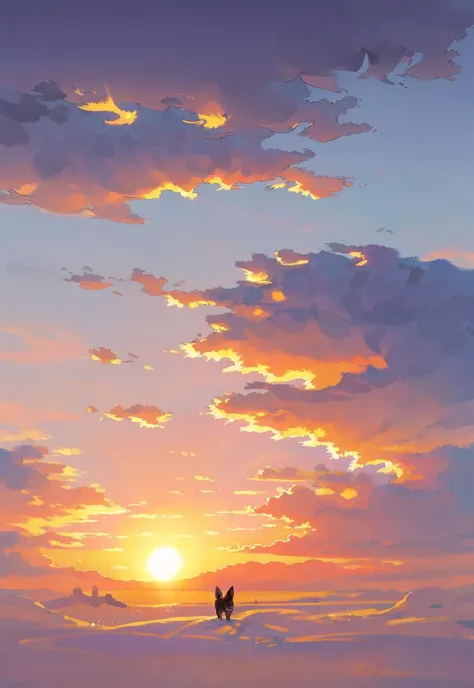 outdoors, cloud, scenery, sky, no humans, tree, snow, sunset, grass, cloudy sky, dogï¼ sunlight sunrise, outdoor, (illustration:1.0), masterpiece, best quality, <lora:Speedpainta:0.72>
