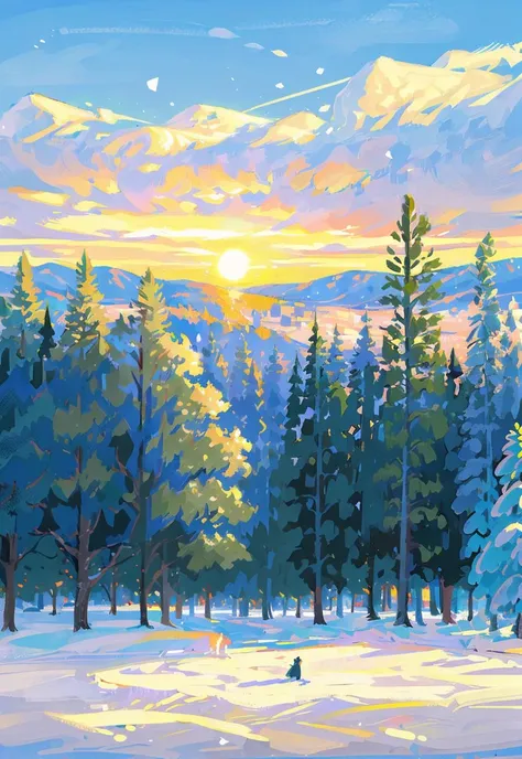 solo,tree, scenery, outdoors, sky, bare tree, snow, sun, no humans, blue sky, cloud, sunset, mountainï¼ (illustration:1.0), masterpiece, best quality,  <lora:Speedpainta:0.7>