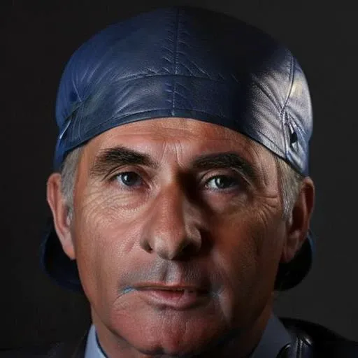 portrait photo of man (delarua:1) serious look with blue leather jacket, ((red hat)), high detailed face, 4k, 8k, 8k realistic, sharp focus, intricate, high resolution <lora:delarua:1>