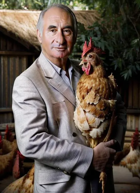 portrait of sks man (delarua:1), with serious look with short hair, holding a (chicken in arms:1.3), (outdoors:1.2), natural lighting, 4k, 8k, 8k realistic, sharp focus, intricate, high resolution <lora:delarua:1>