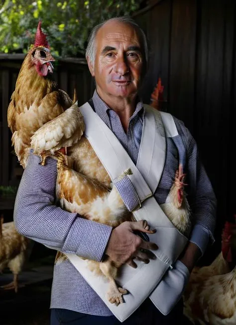 portrait of sks man (delarua:1), with serious look with short hair, holding a (chicken in arms:1.3), (outdoors:1.2), natural lighting, 4k, 8k, 8k realistic, sharp focus, intricate, high resolution <lora:delarua:1>