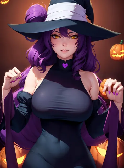 1girl, hat, solo, breasts, purple hair, witch hat, detached sleeves, jack-o'-lantern, dress, long hair, looking at viewer, large breasts, halloween, hair between eyes, lips, black dress, nose, smile, bare shoulders, witch, taut clothes, taut dress, pumpkin, paw pose, curly hair, black headwear, yellow eyes, realistic, upper body, parted lips, clenched hands, flipped hair, sleeveless