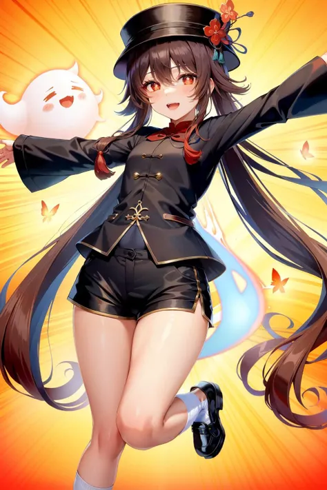 1girl, hu tao (genshin impact), boo tao (genshin impact), long hair, hat, shorts, socks, black shorts, butterfly, brown hair, ghost, smile, long sleeves, bug, hat flower, symbol-shaped pupils, solo, twintails, white socks, red eyes, very long hair, full body, flower, fire, looking at viewer, jewelry, bangs, outstretched arms, chinese clothes, shoes, black headwear, ring, hair between eyes, short shorts, brown footwear, shirt, tailcoat, character name, flower-shaped pupils, sidelocks, porkpie hat, hat ornament, open mouth, kneehighs, plum blossoms, solo, full body, sexy, beautiful hair, beautiful face, <lora:huTaoGenshinImpact_v1:0.8>