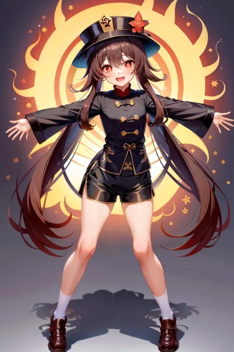 1girl, hu tao (genshin impact), boo tao (genshin impact), long hair, hat, shorts, socks, black shorts, butterfly, brown hair, ghost, smile, long sleeves, bug, hat flower, symbol-shaped pupils, solo, twintails, white socks, red eyes, very long hair, full body, flower, fire, looking at viewer, jewelry, bangs, outstretched arms, chinese clothes, shoes, black headwear, ring, hair between eyes, short shorts, brown footwear, shirt, tailcoat, character name, flower-shaped pupils, sidelocks, porkpie hat, hat ornament, open mouth, kneehighs, plum blossoms, solo, full body, sexy, beautiful hair, beautiful face, <lora:huTaoGenshinImpact_v1:0.8>